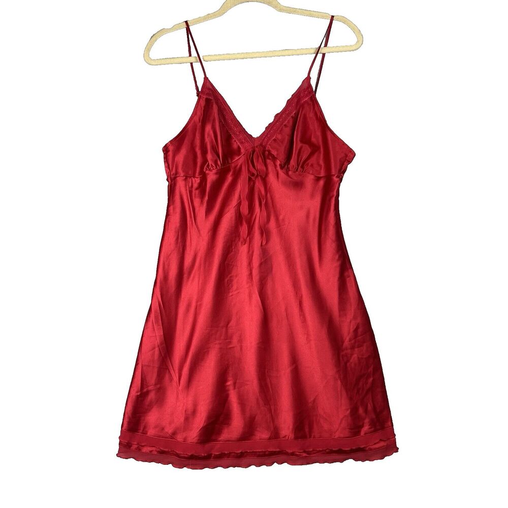 Victoria's Secret Y2K  Women Red Slip Dress Large Baby Doll Preppy lace trim‎